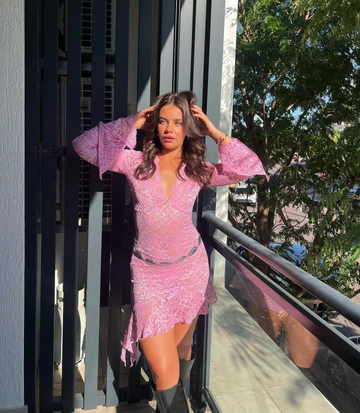 Sexy Sheath Long Sleeve Pink Lace Short Party Dress Outfits HZ1023